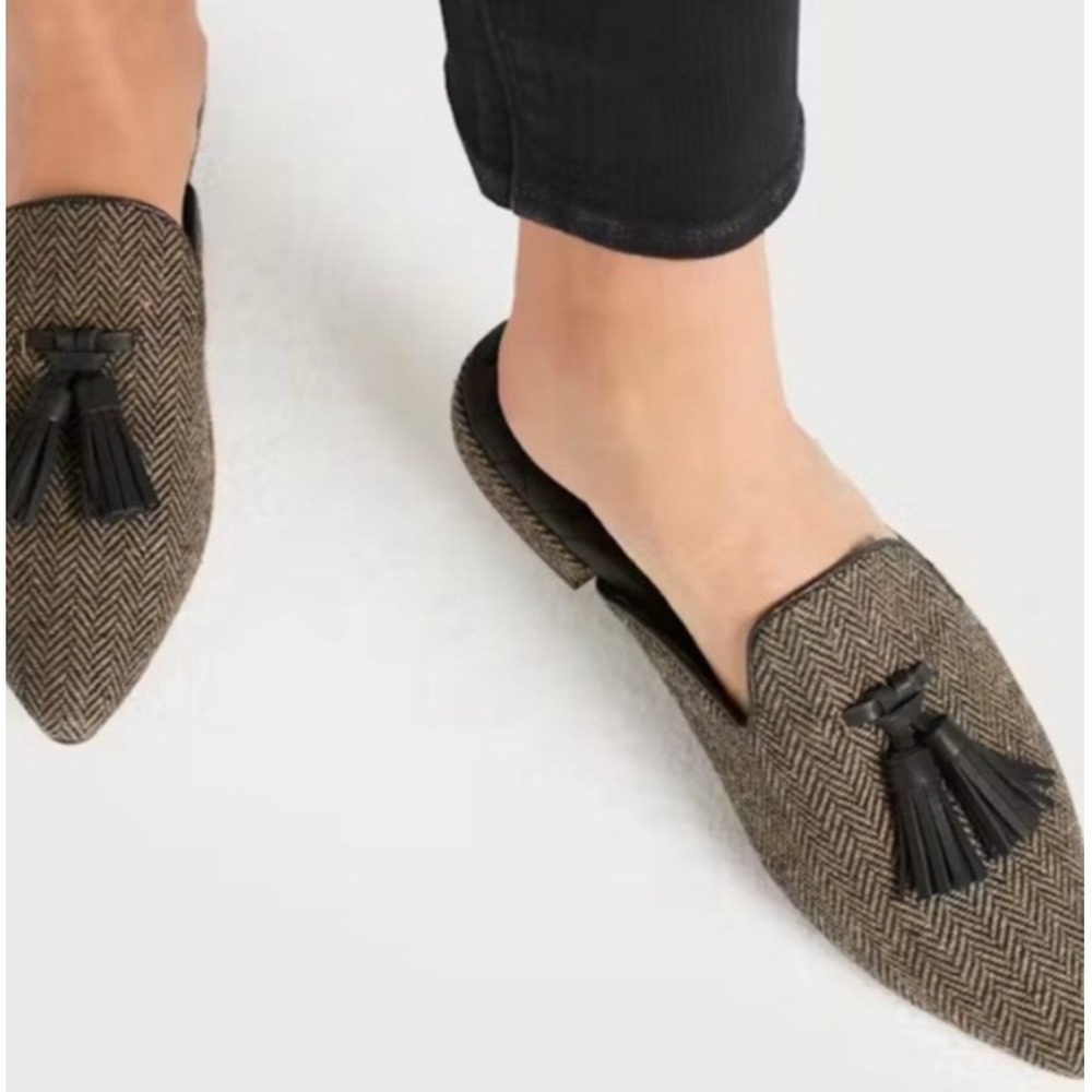 Birdies The Dove Pointed Toe Mules Herringbone Tassel Loafers 7.5 Dark Academia